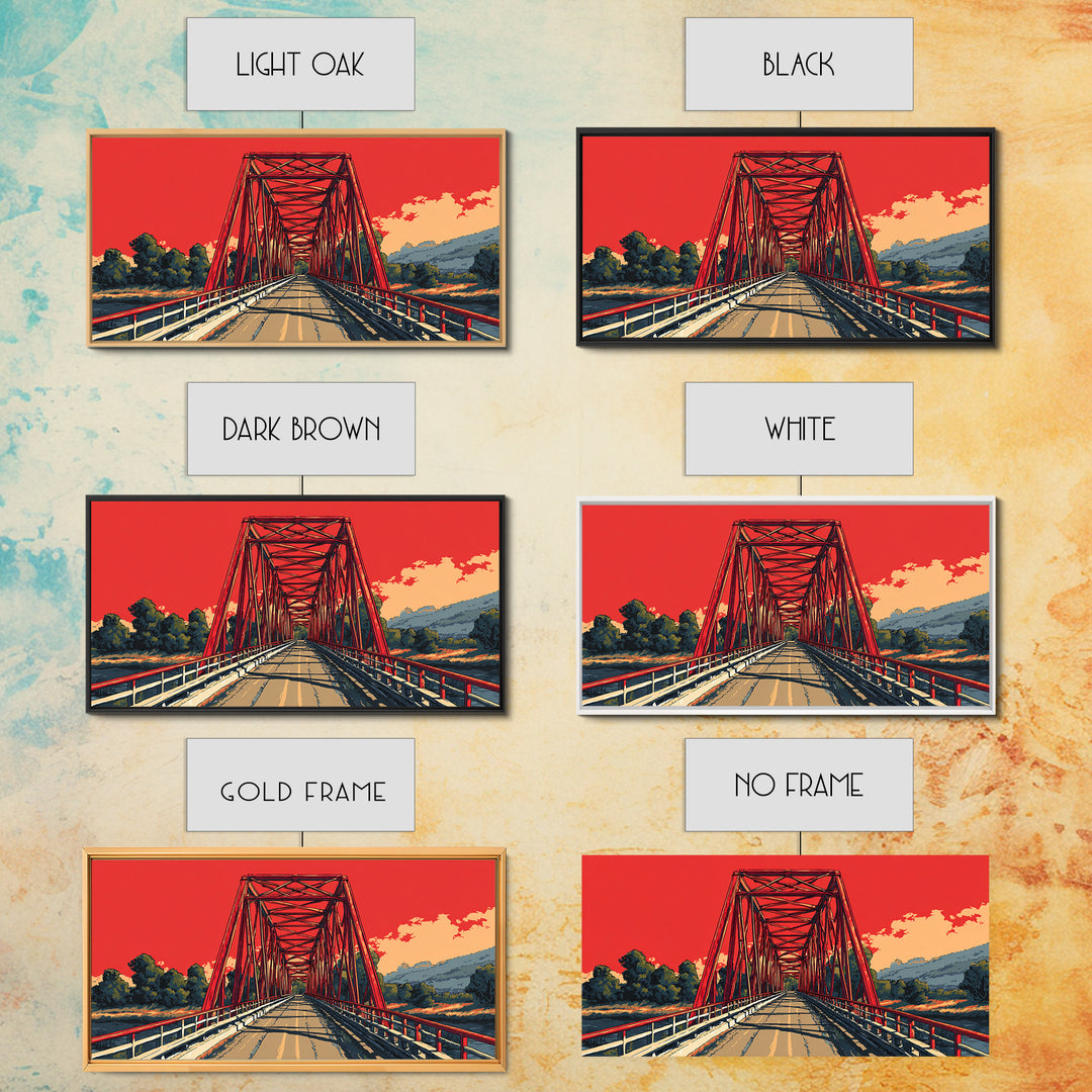 Red Steel Bridge At Sunset Wall Art, Retro Travel Poster Print, Bold Landscape Decor, Scenic Road Art For Office Or Man Cave