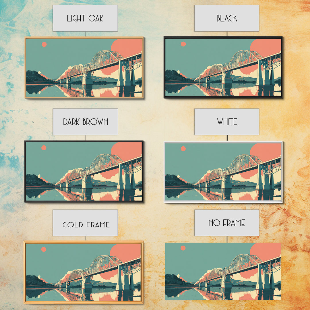 Retro Steel Bridge Sunset Wall Art, Midcentury Modern Landscape Print, Teal Orange Travel Poster, Living Room Home Office Decor