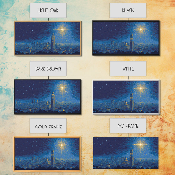Blue City Skyline Starburst Canvas Print, Midcentury Modern Night Art, Celestial Urban Poster, Home Office Wall Decor Gift