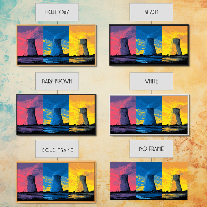 Triptych Cooling Tower Wall Art, Three Panel Pop Art Industrial Poster, Colorful Retro Canvas Print, Bold Modern Office Decor