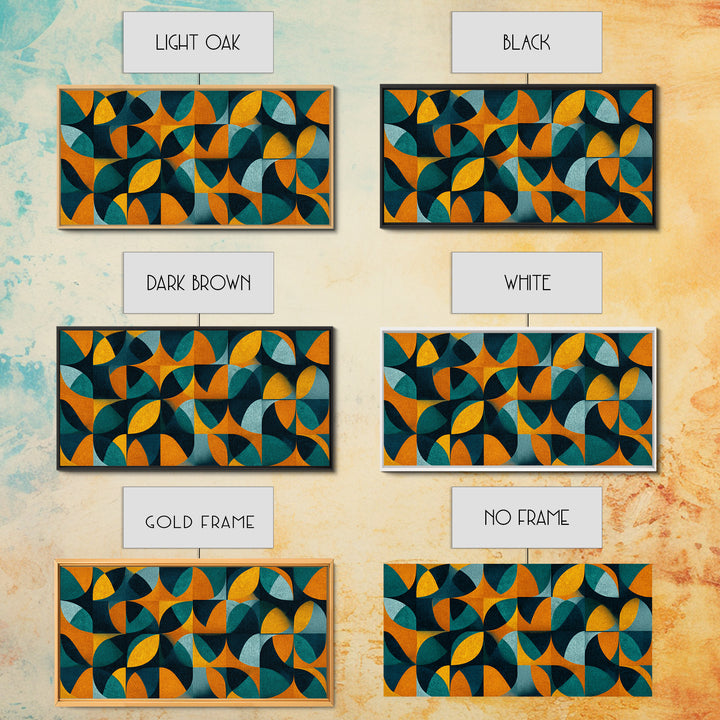 Teal And Ochre Petal Geometry With Circles Framed Canvas Print, Midcentury Modern Wall Art, Atomic Retro Pattern Decor Poster