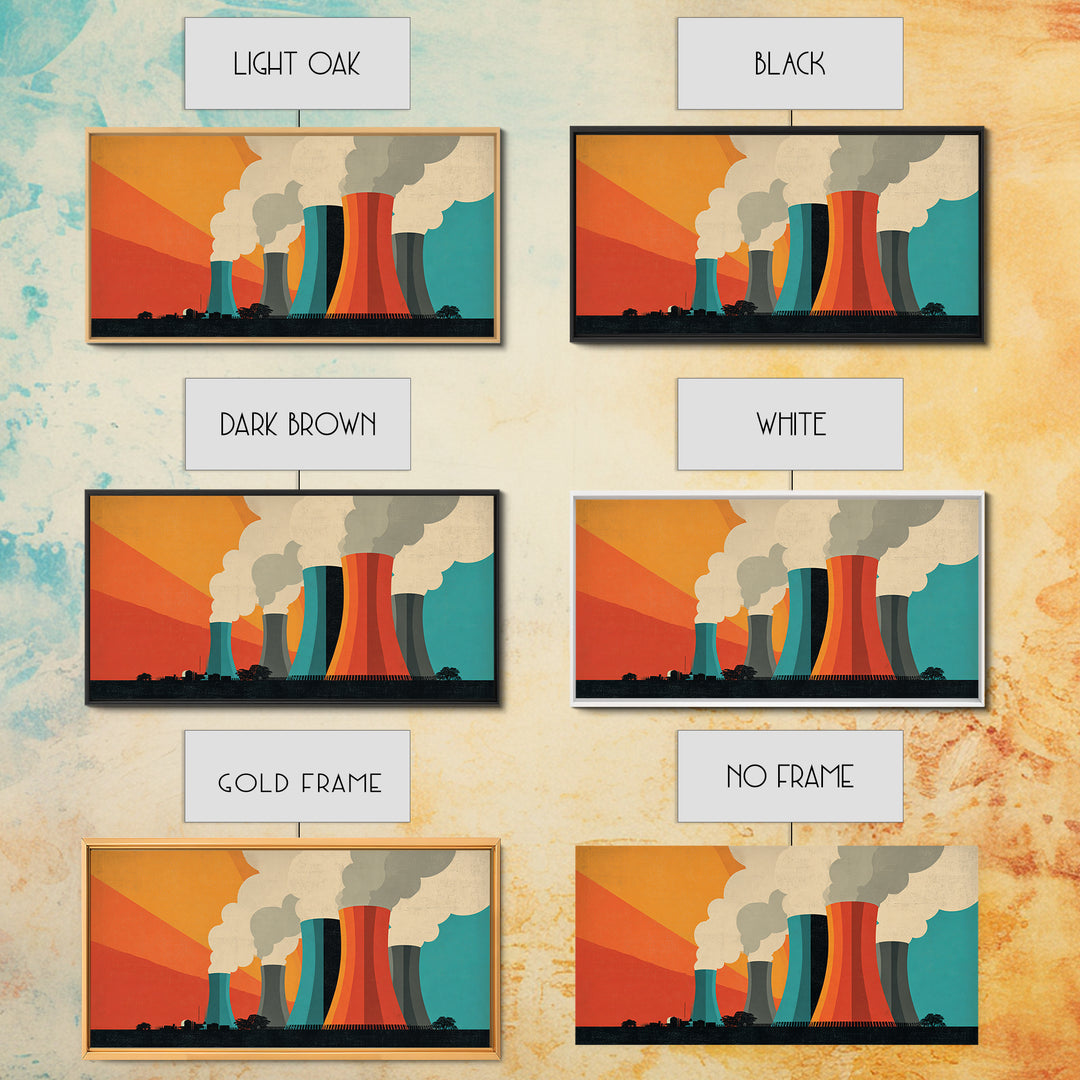 Retro Smokestack Power Plant Canvas Print, Midcentury Modern Industrial Wall Art, Orange Teal Factory Poster, Bold Decor