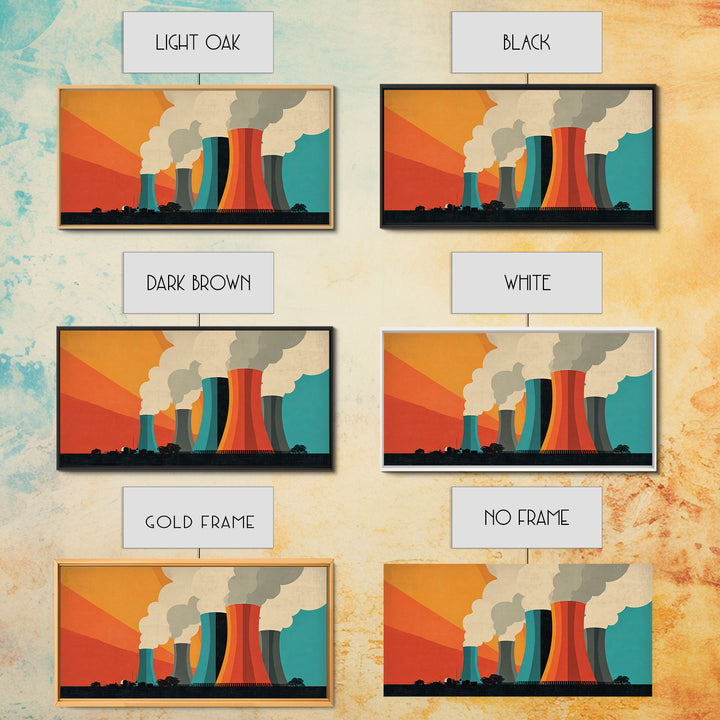 Retro Smokestack Power Plant Canvas Print, Midcentury Modern Industrial Wall Art, Orange Teal Factory Poster, Bold Decor