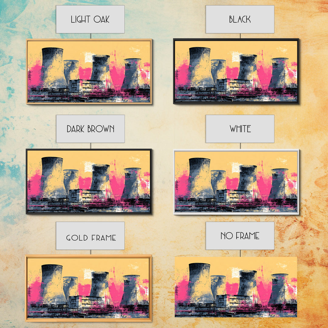 Pink Nuclear Power Plant Canvas Print, Industrial Landscape Wall Decor, Retro Modern Art Print, Bold Statement Artwork For Home Decor
