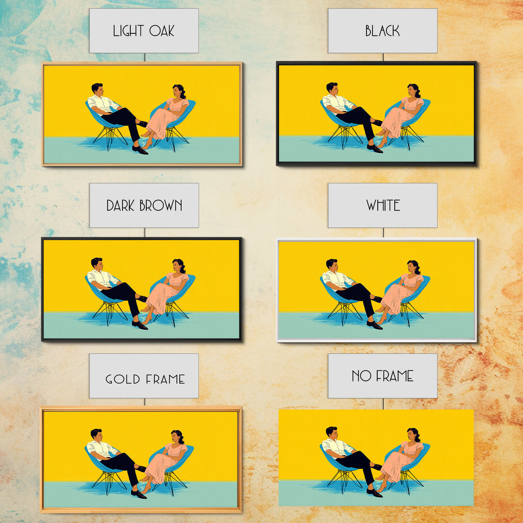Midcentury Couple In Blue Chairs Canvas Print, Retro Modern Wall Art, MCM Lounge Decor, Colorful Living Room Poster Art Print
