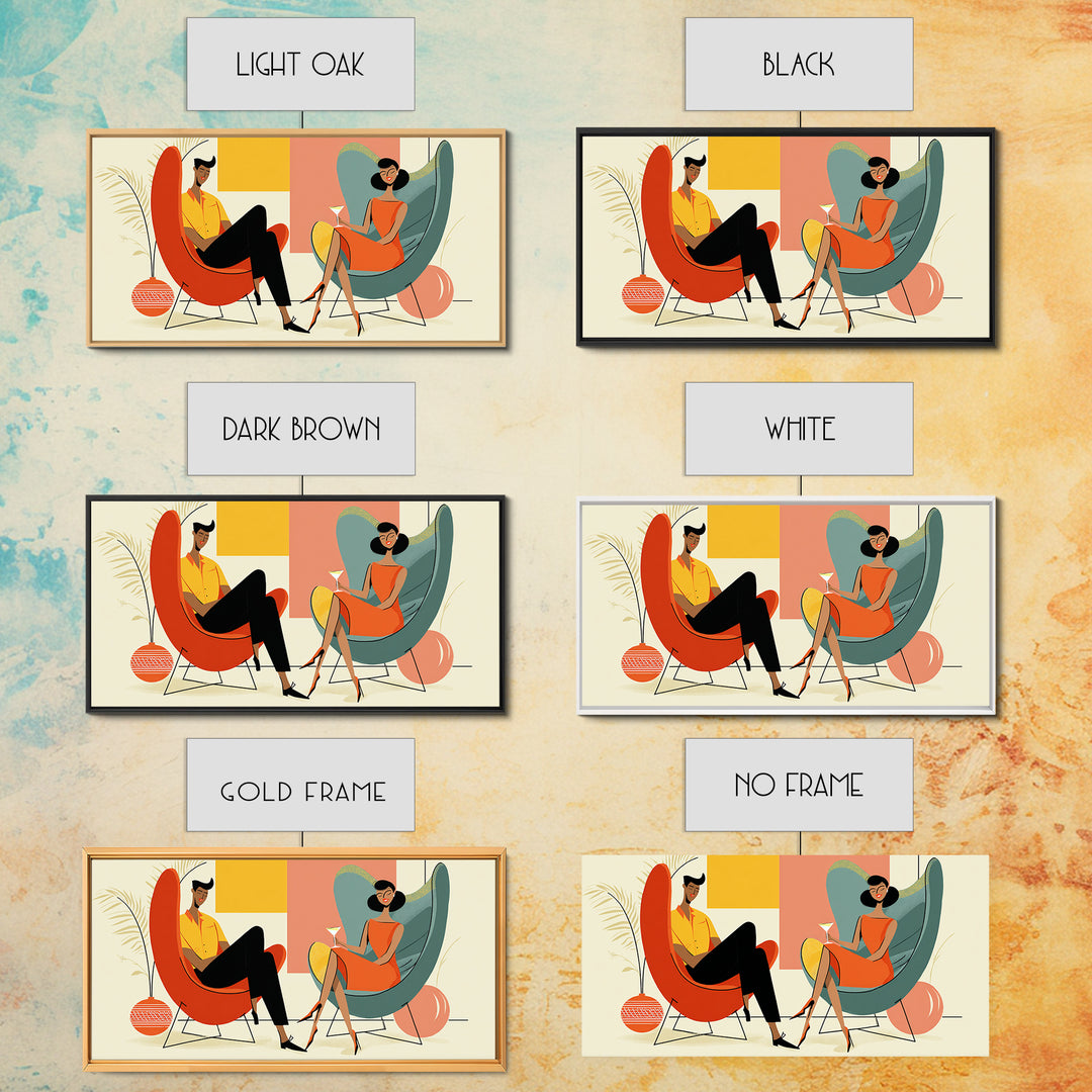 Midcentury Cocktail Lounge Framed Canvas Print, Stylish Couple Wall Art, Retro MCM Decor, Modern Living Room Poster Art Print