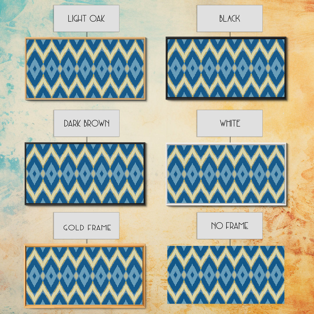 Blue Gold Ikat Chevron Diamond Wall Art, Scandinavian Modern Geometric Print, Mid Century Decor For Bedroom Living Room Home