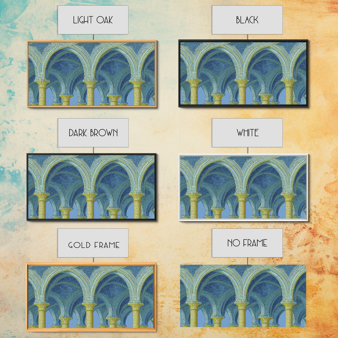 Blue Gold Mosaic Vaulted Arches Framed Canvas Print, Architectural Art, Modern Wall Decor, Midcentury Abstract Art, Blue Art Print