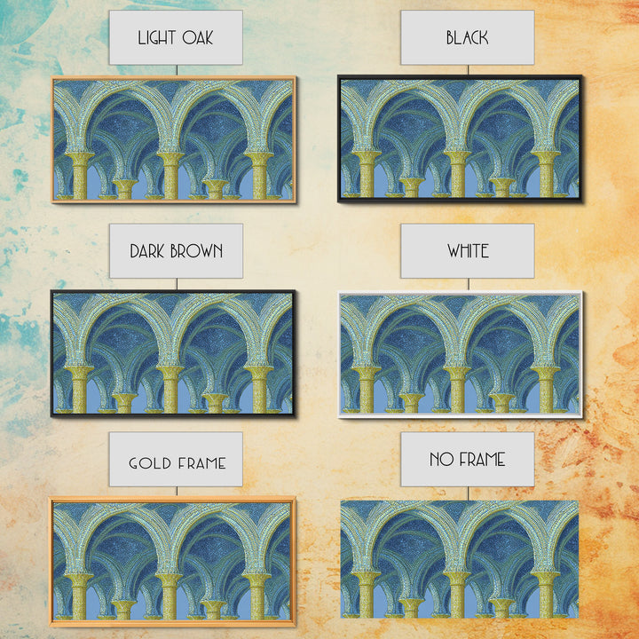 Blue Gold Mosaic Vaulted Arches Framed Canvas Print, Architectural Art, Modern Wall Decor, Midcentury Abstract Art, Blue Art Print