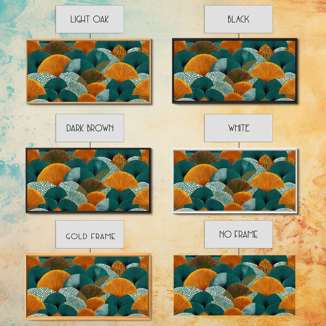 Ginkgo Fan Leaves In Teal Mustard And Aqua Canvas Print, Midcentury Modern Botanical Wall Art, Art Deco Pattern Decor Poster