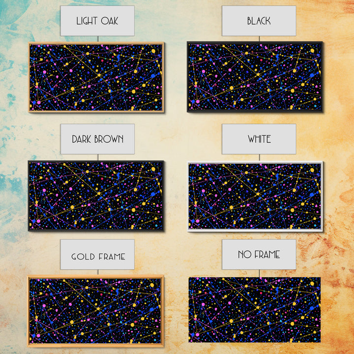 Black Cosmic Splatter Network With Pink Blue Gold Dots Wall Art, Retro Modern Abstract Art Print, Space Abstract Living Room Decor