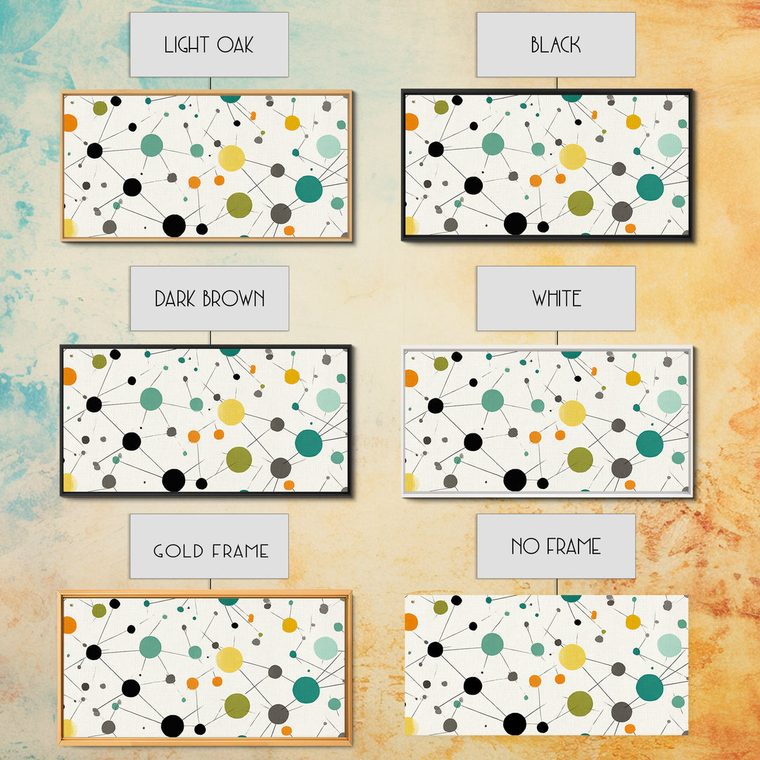Teal Yellow Orange Atomic Circles Framed Canvas Print, Midcentury Modern Wall Art, Geometric Abstract Office And Home Decor