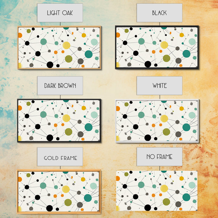 Teal Yellow Orange Atomic Circles Framed Canvas Print, Midcentury Modern Wall Art, Geometric Abstract Office And Home Decor