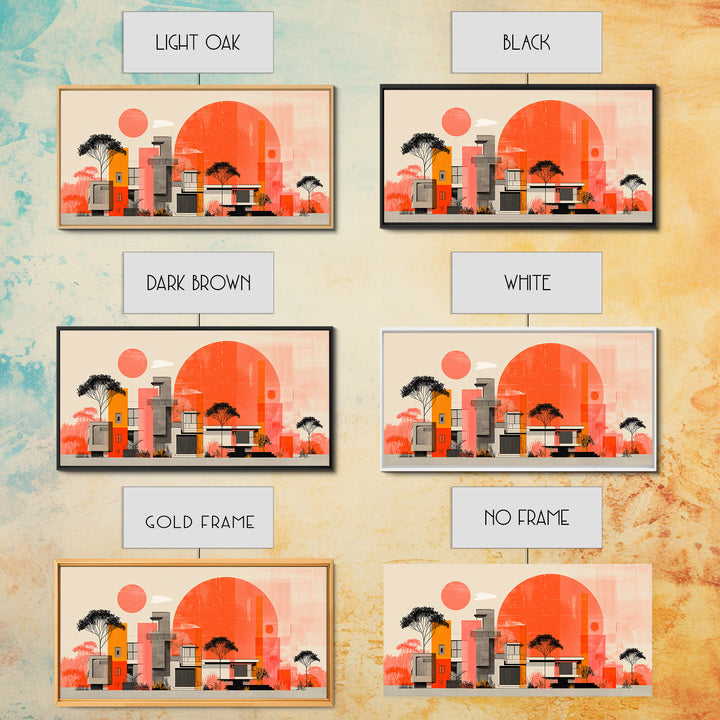 Orange Modernist Architecture And Red Sun Wall Art, Mid Century Modern Decor, Abstract Desert Print, Bauhaus Style Poster