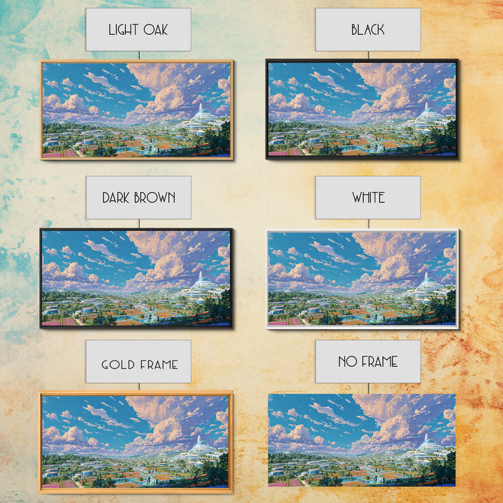 Futuristic Eco City Under Big Clouds Canvas Print, Sci Fi Landscape Wall Decor, Modern Utopia Poster, Panoramic Home Art
