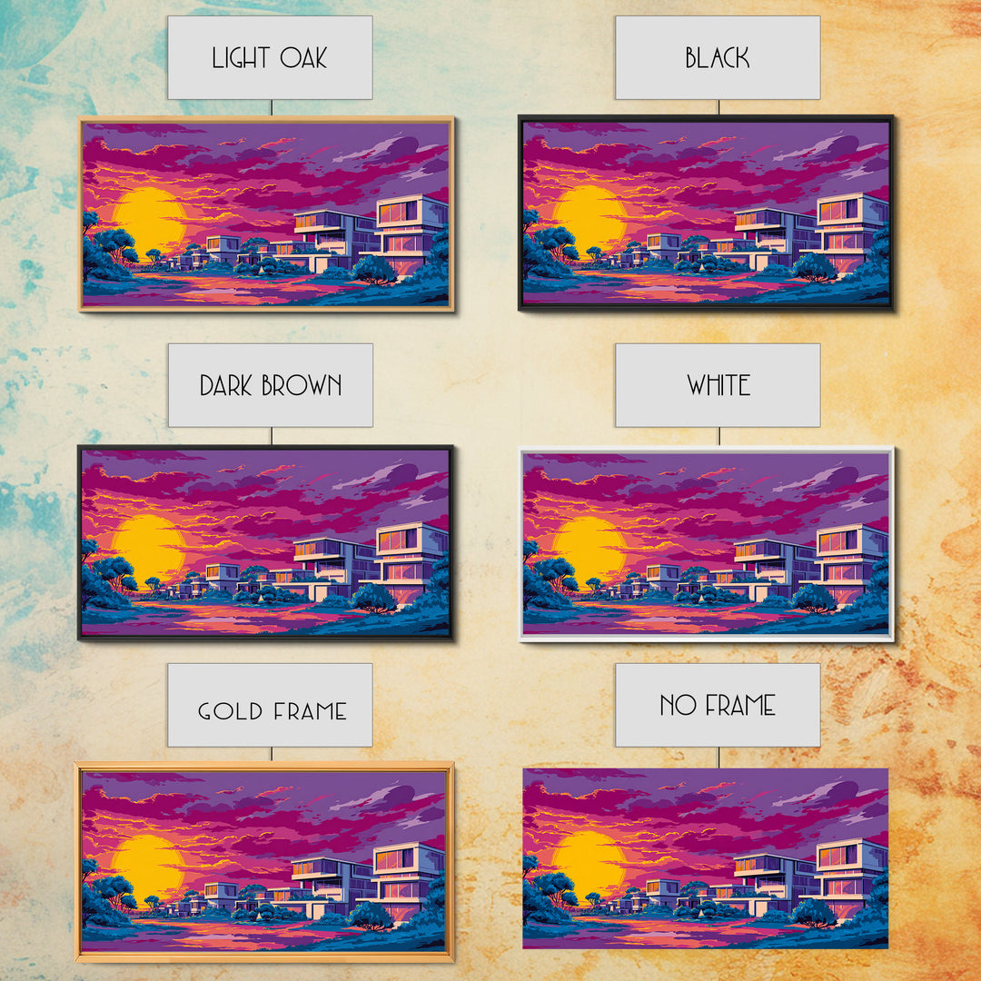Vibrant Sunset Midcentury Homes Wall Art, Retro Modern Landscape Print, Palm Springs Decor, Colorful MCM Living Room Art