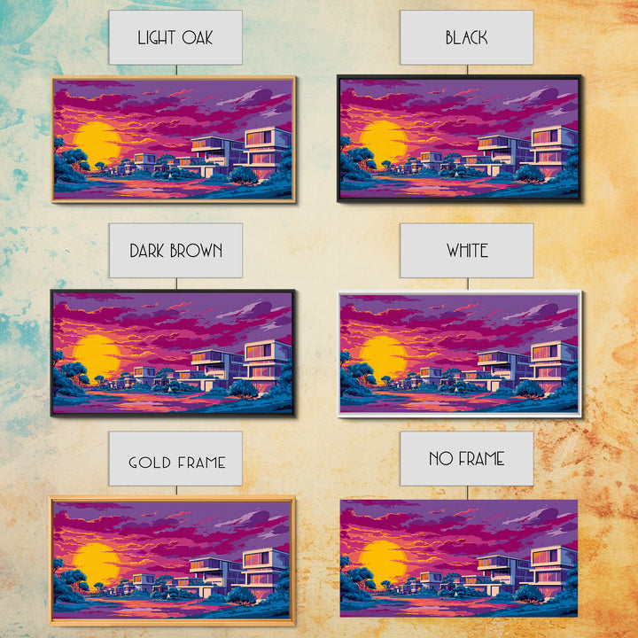 Vibrant Sunset Midcentury Homes Wall Art, Retro Modern Landscape Print, Palm Springs Decor, Colorful MCM Living Room Art