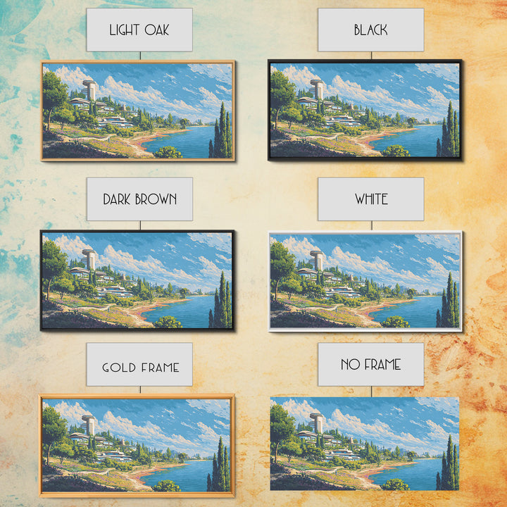 Sunny Lake Como Futuristic Villas Framed Canvas Print, Midcentury Modern Wall Art, Scenic Travel Poster, Blue Home Decor Print