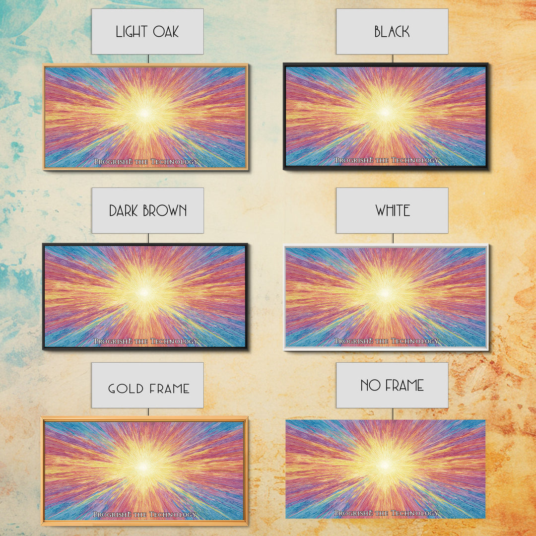 Golden Progress Technology Sunburst Wall Art, Psychedelic Op Art Print, Retro Futuristic Poster, Colorful Office Decor Gift
