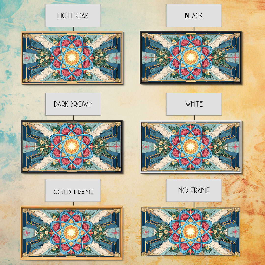 Ornate Atomic Starburst Kaleidoscope Framed Canvas Print, Symmetrical Retro Futurist Poster, Midcentury Modern Wall Art Decor