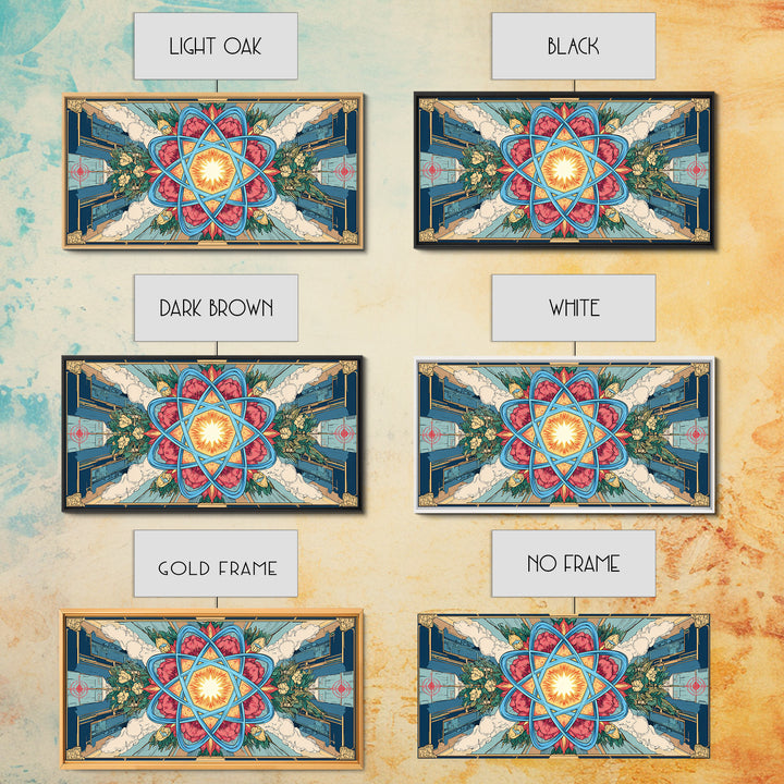 Ornate Atomic Starburst Kaleidoscope Framed Canvas Print, Symmetrical Retro Futurist Poster, Midcentury Modern Wall Art Decor