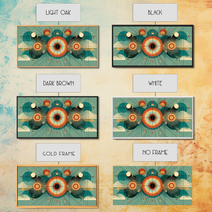 Cosmic Eye With Planets And Sunbursts Wall Art, Atomic Retro Futurist Poster, Midcentury Modern Geometric Teal Decor Print