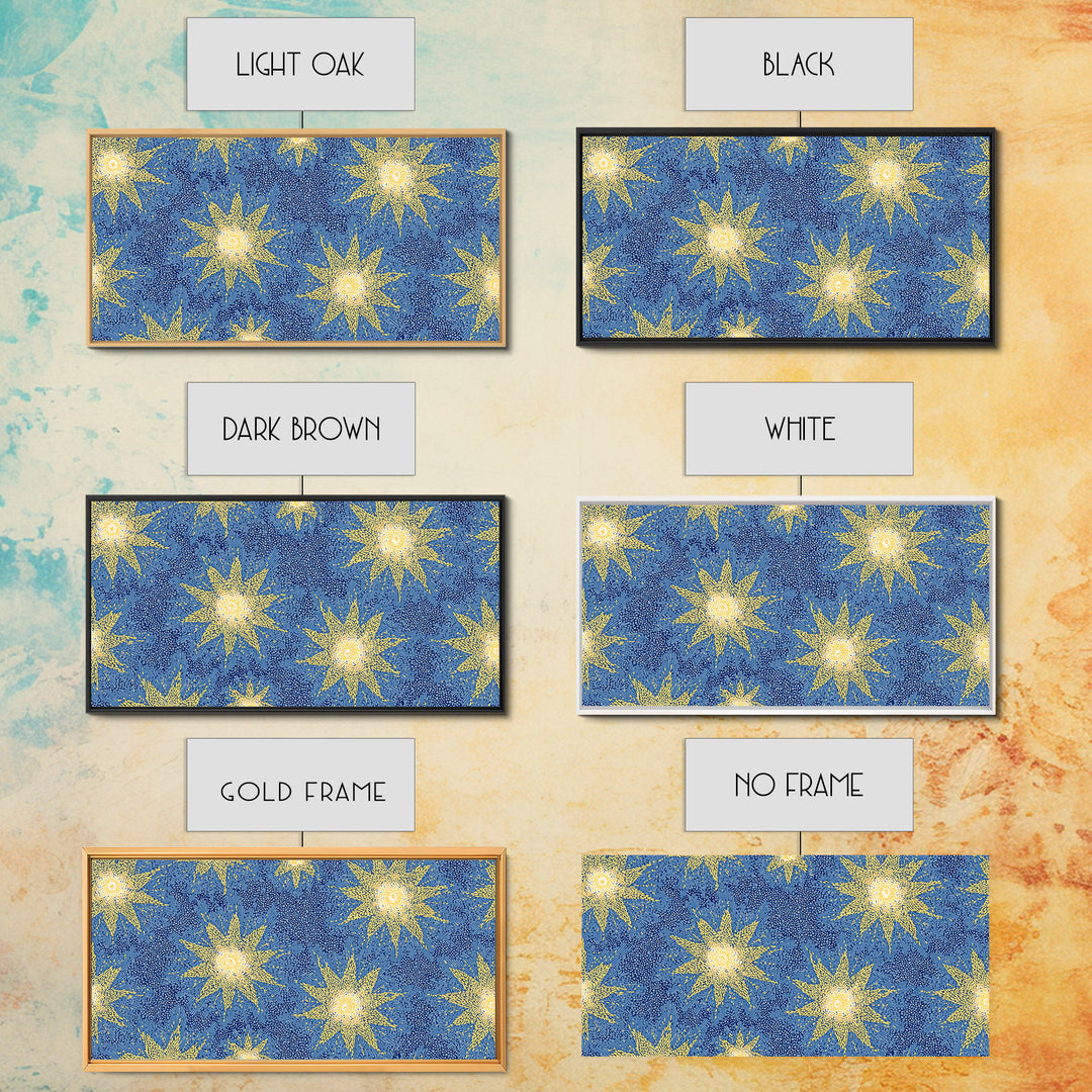 Blue Yellow Atomic Starbursts Canvas Print, Midcentury Modern Wall Art, Retro Space Decor, Bold MCM Gallery Wall Poster Print