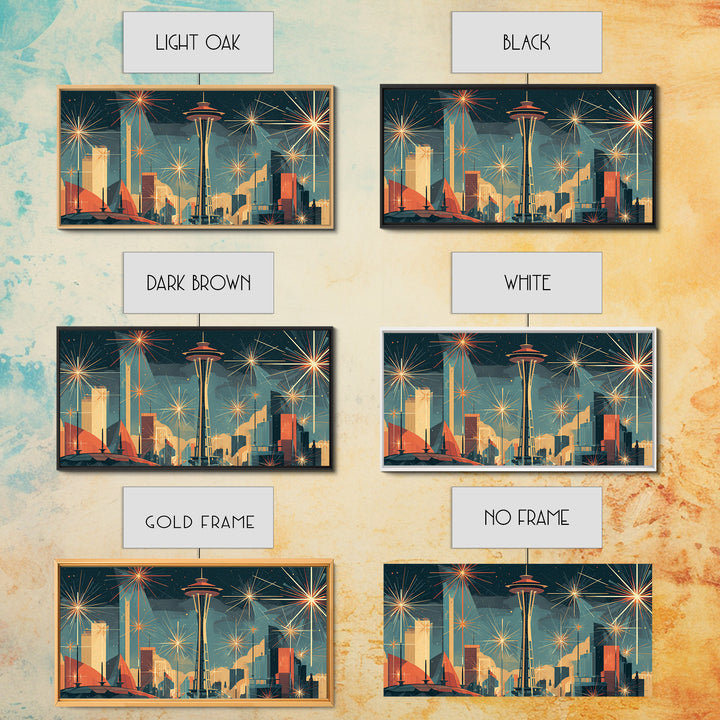 Seattle Space Needle Starburst Skyline Wall Art, Midcentury Modern Art Print, Retro Atomic Cityscape Office Decor Poster