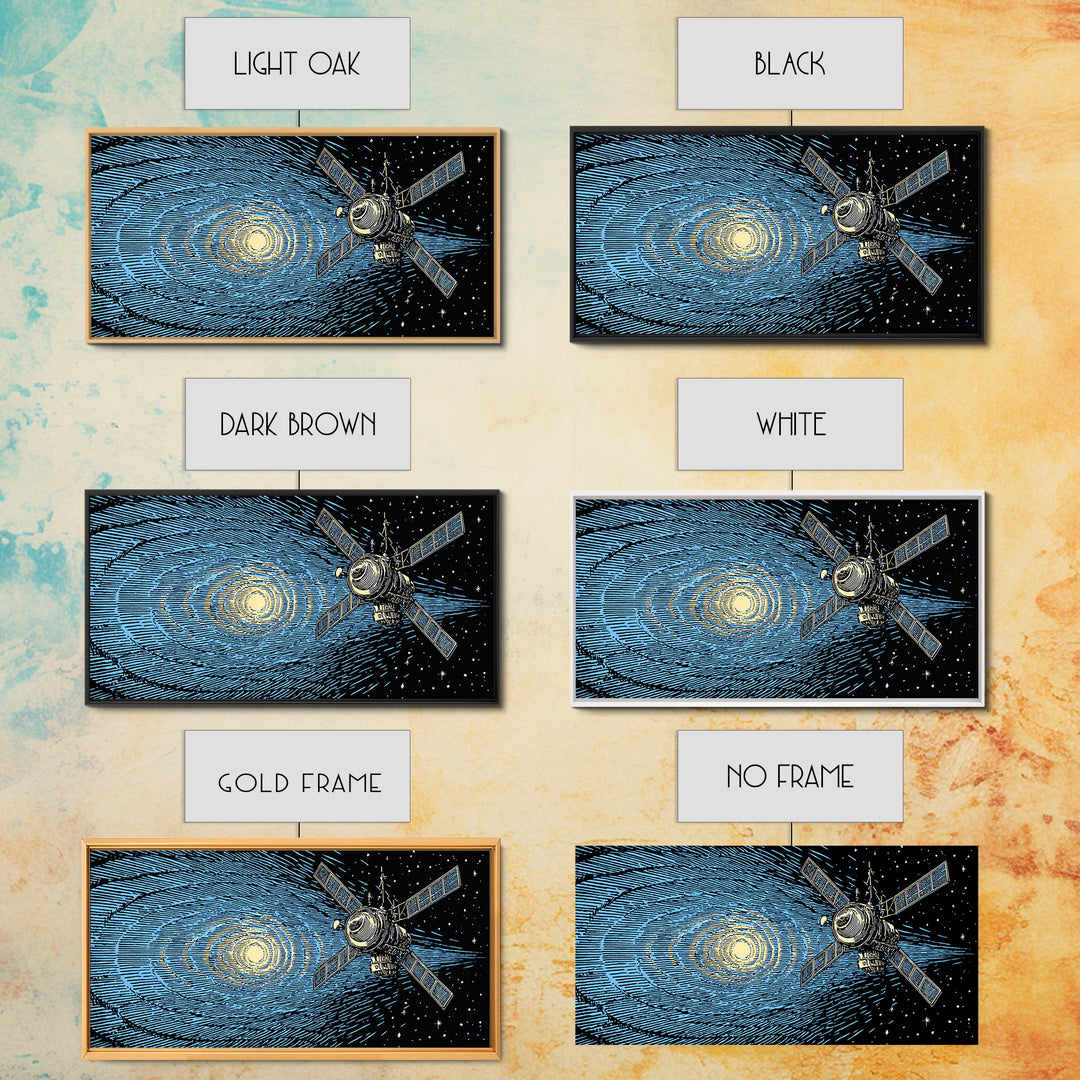 Blue Starfield Satellite With Solar Waves, Mid Century Modern Wall Art, Retro Sci Fi Space Poster, Cosmic Abstract Decor