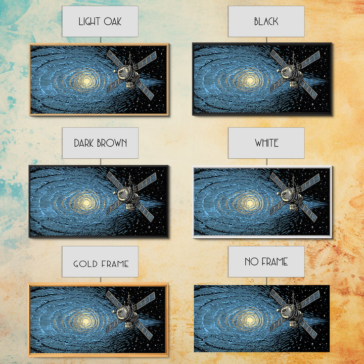 Blue Starfield Satellite With Solar Waves, Mid Century Modern Wall Art, Retro Sci Fi Space Poster, Cosmic Abstract Decor