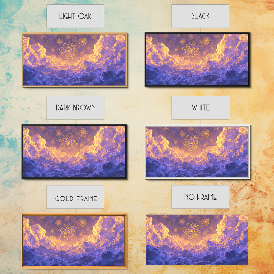 Glowing Atomic Symbols In Purple Clouds Wall Art, Modern Abstract Art Print, Celestial Sky Poster, Colorful Bedroom Decor