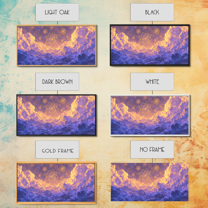 Glowing Atomic Symbols In Purple Clouds Wall Art, Modern Abstract Art Print, Celestial Sky Poster, Colorful Bedroom Decor