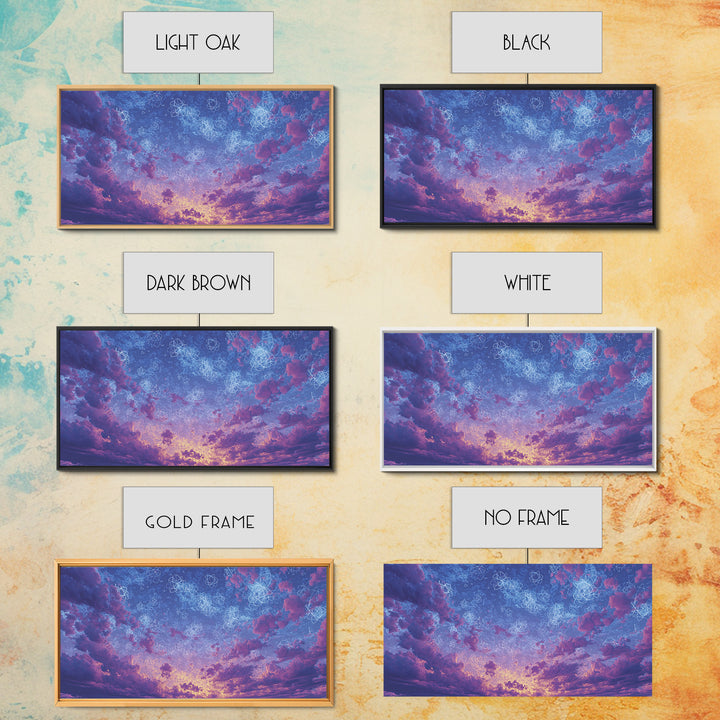 Dreamy Twilight Clouds With Star Diagrams Canvas Print, Modern Wall Art, Blue Purple Celestial Poster, Bedroom Decor Gift
