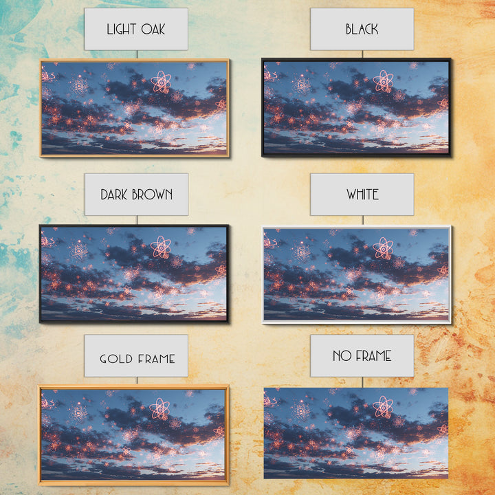 Sparkling Atomic Fireworks Over Dusk Clouds Wall Art, Modern Abstract Art Print, Cosmic Sky Poster, Blue Pink Bedroom Decor