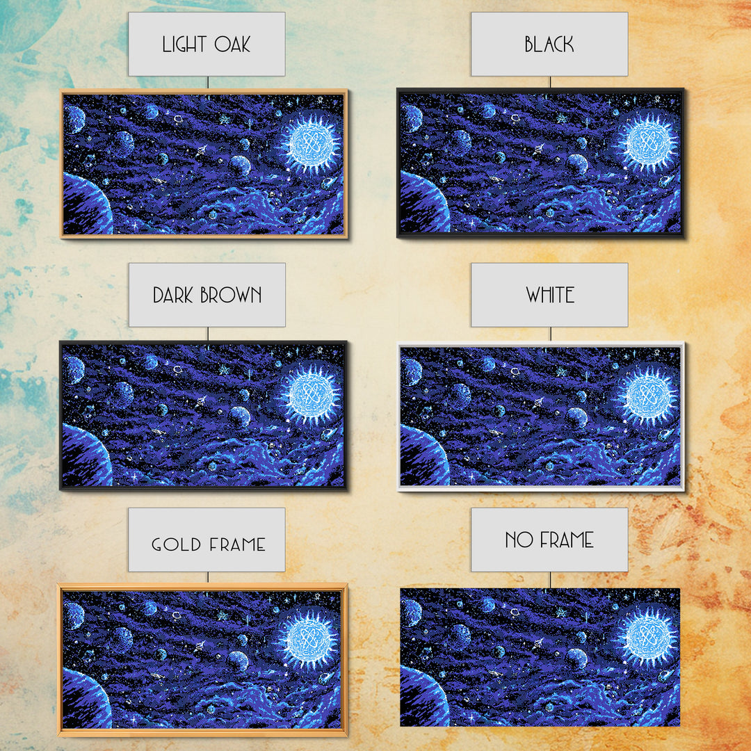 Pixel Space Landscape With Blue Planets Wall Art, Retro Sci Fi Poster, Modern Digital Art Print, Cosmic Game Room Decor Gift