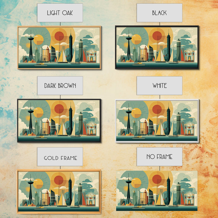 Geometric Seattle Skyline With Space Needle Canvas Print, Mid Century Modern Cityscape Wall Decor, Retro Travel Poster Art