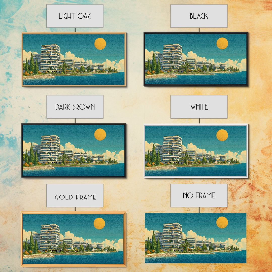 Modern Lakeside Condos With Golden Sun Wall Art, Mid Century Modern Coastal Decor, Mediterranean Lake House Architecture Print