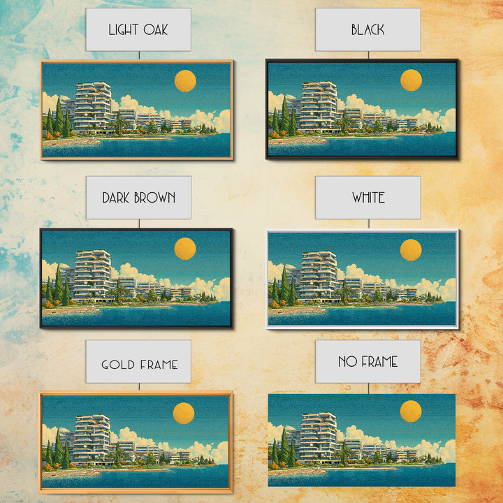 Modern Lakeside Condos With Golden Sun Wall Art, Mid Century Modern Coastal Decor, Mediterranean Lake House Architecture Print