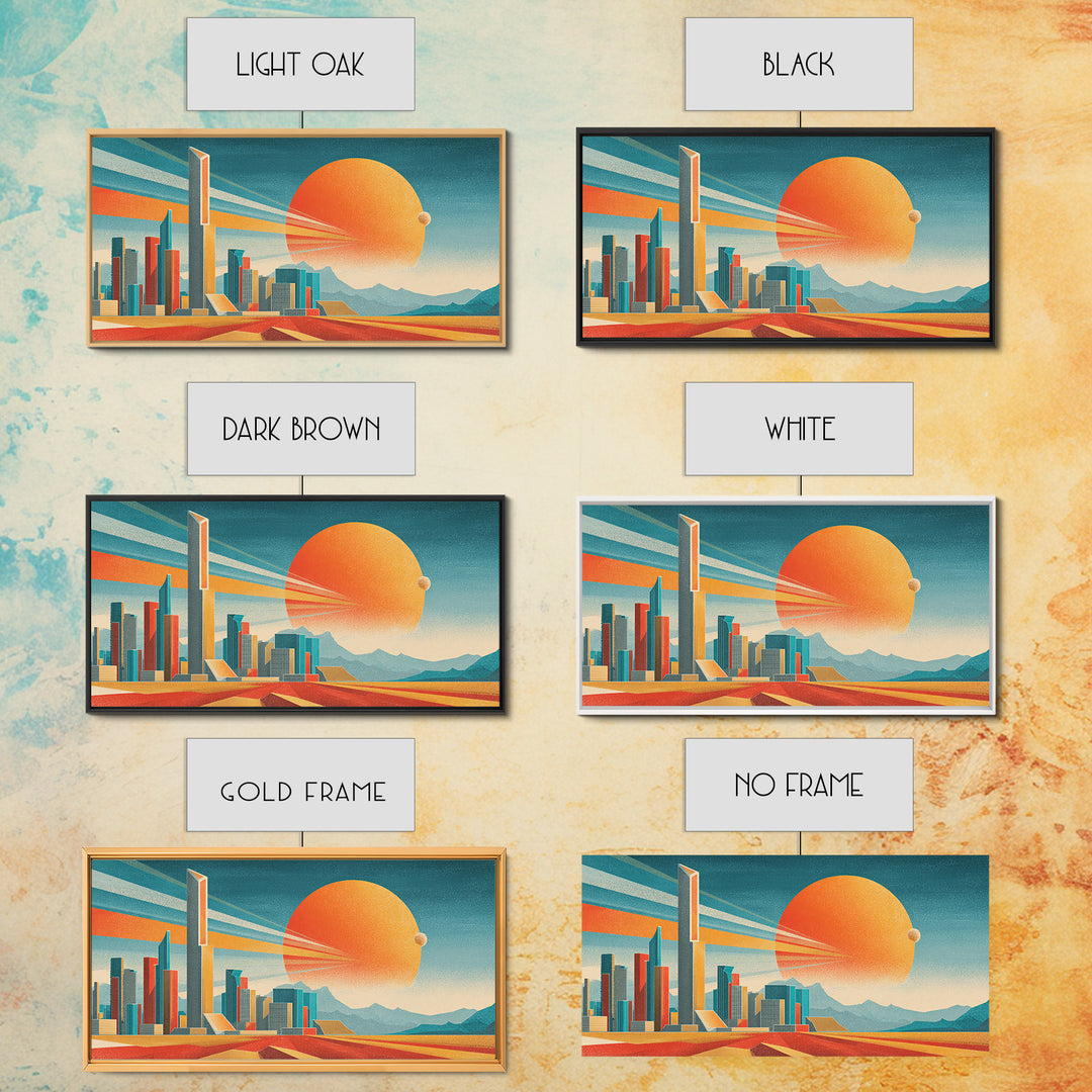Teal Orange Futuristic Skyline Canvas Print, Midcentury Modern Cityscape, Retro Space Poster, Modern Wall Decor, Large MCM Art