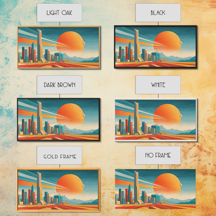 Teal Orange Futuristic Skyline Canvas Print, Midcentury Modern Cityscape, Retro Space Poster, Modern Wall Decor, Large MCM Art