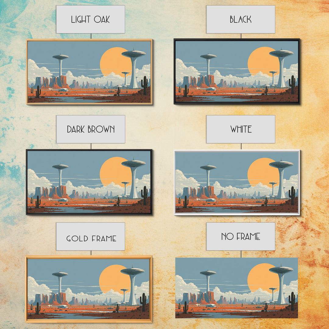 Alien Desert UFO Towers Framed Canvas Print, Midcentury Modern Sci Fi Landscape, Retro Wall Art, Cactus Decor, MCM Poster