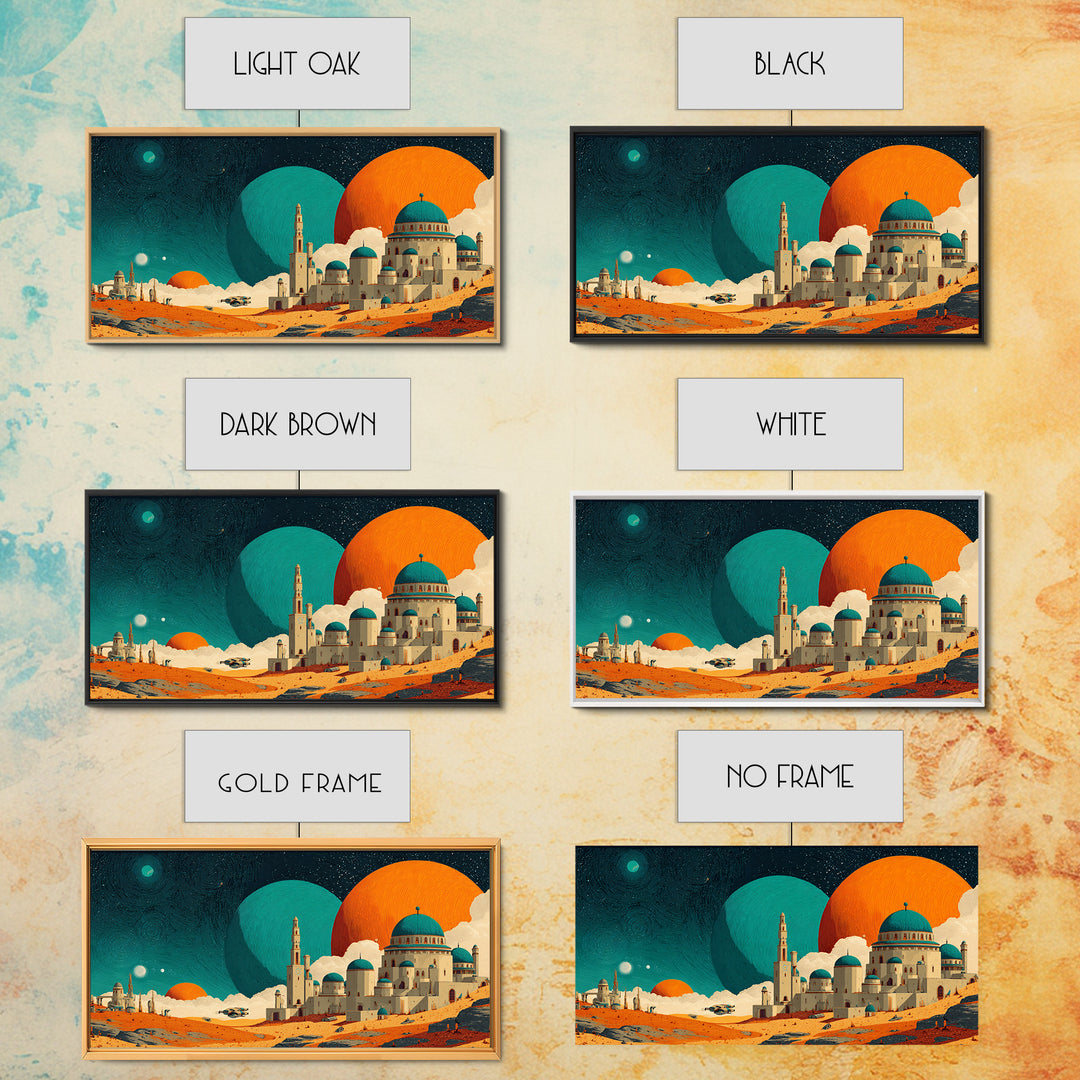 Teal Planet Desert Dome City Canvas Print, Midcentury Modern Sci Fi Wall Art, Retro Space Poster, Orange MCM Home Decor Art