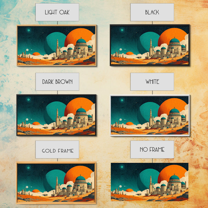 Teal Planet Desert Dome City Canvas Print, Midcentury Modern Sci Fi Wall Art, Retro Space Poster, Orange MCM Home Decor Art