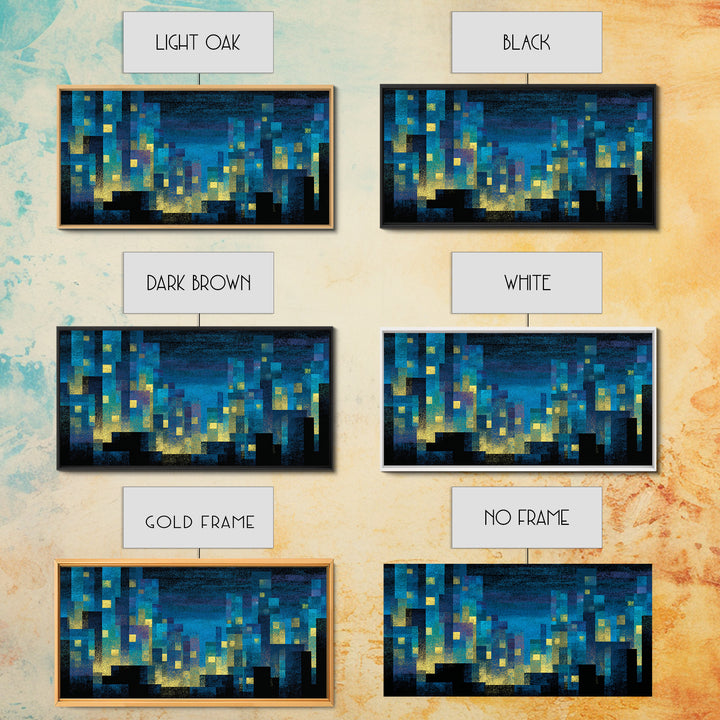 Teal Pixel City Skyline Canvas Print, Glowing Urban Nightscape, Modern Abstract Art, Blue Wall Decor, Home Office Art Print
