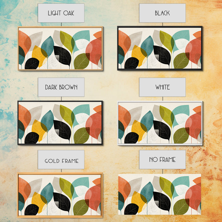 Abstract Overlapping Leaves In Teal Orange Yellow Wall Art, Midcentury Modern Botanical Print, Retro Living Room Decor Gift