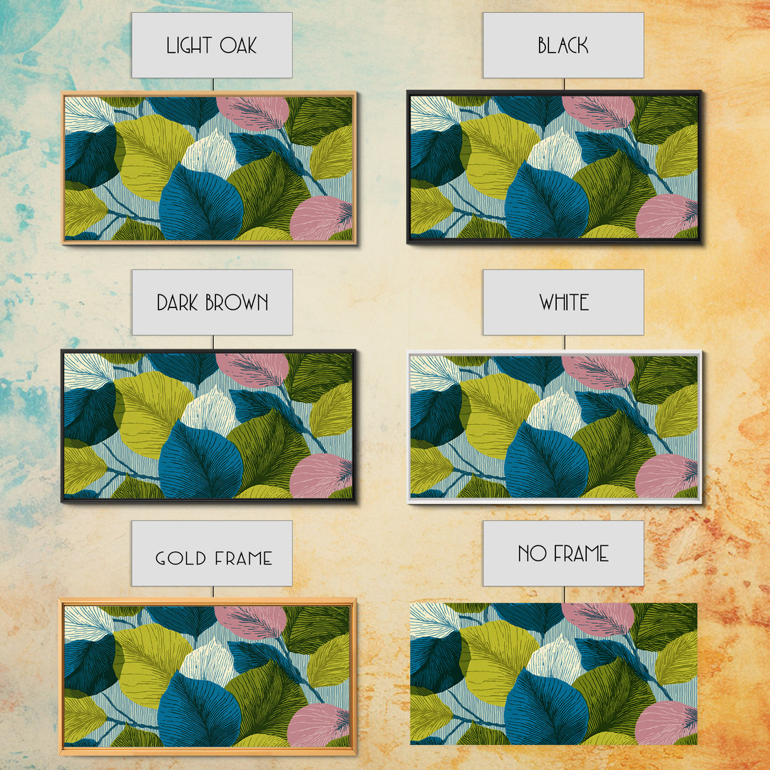 Layered Ginkgo Leaves In Blue Green Pink Canvas Print, Midcentury Modern Botanical Wall Decor, Colorful Living Room Art Print