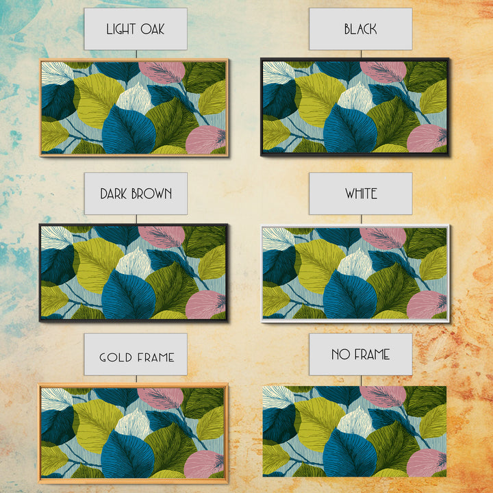 Layered Ginkgo Leaves In Blue Green Pink Canvas Print, Midcentury Modern Botanical Wall Decor, Colorful Living Room Art Print