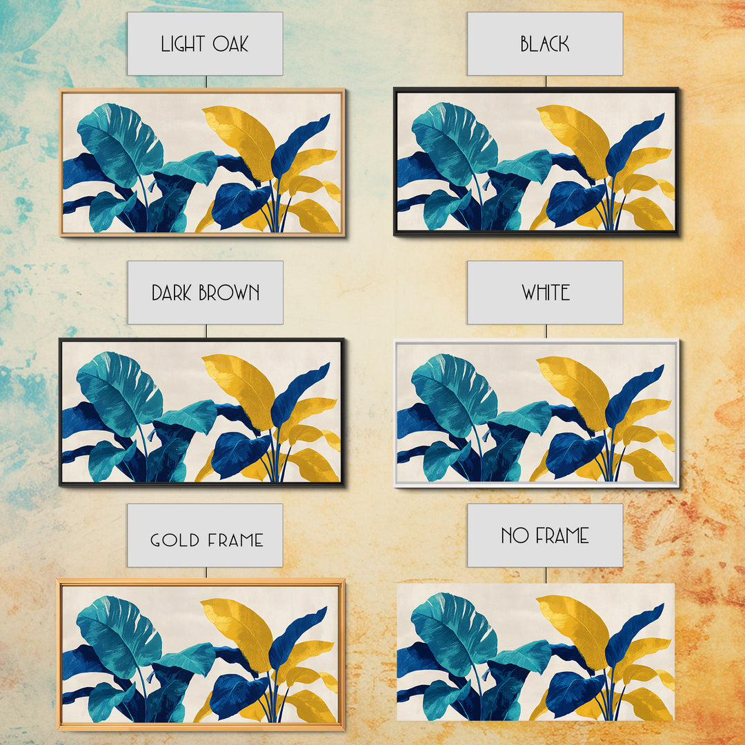 Bold Tropical Leaves In Teal Blue Mustard Canvas Print, Midcentury Modern Botanical Wall Art, Colorful Home Office Decor