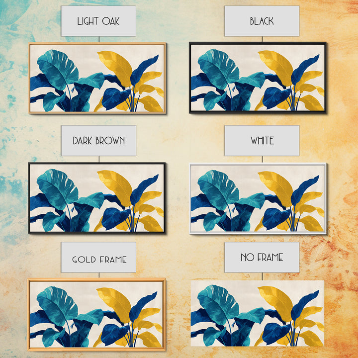 Bold Tropical Leaves In Teal Blue Mustard Canvas Print, Midcentury Modern Botanical Wall Art, Colorful Home Office Decor