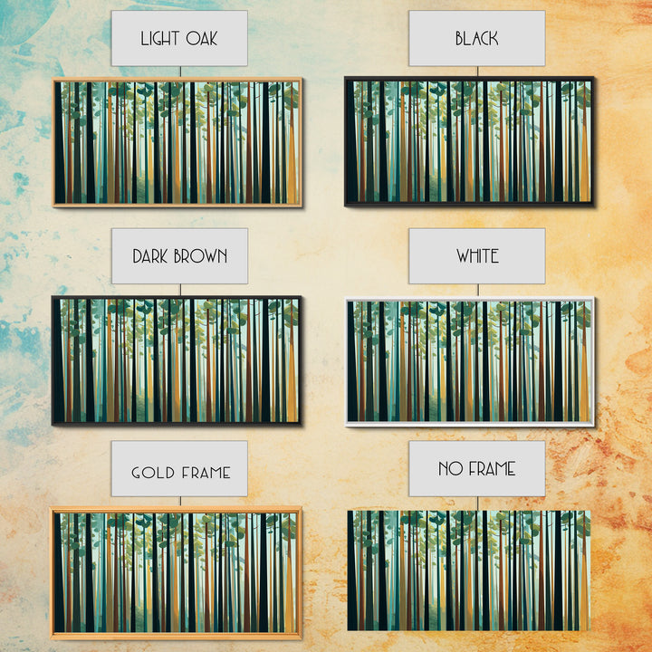 Tall Pine Forest With Sunbeams In Teal Gold Wall Art, Modern Nature Landscape Print, Scandinavian Cabin And Office Decor